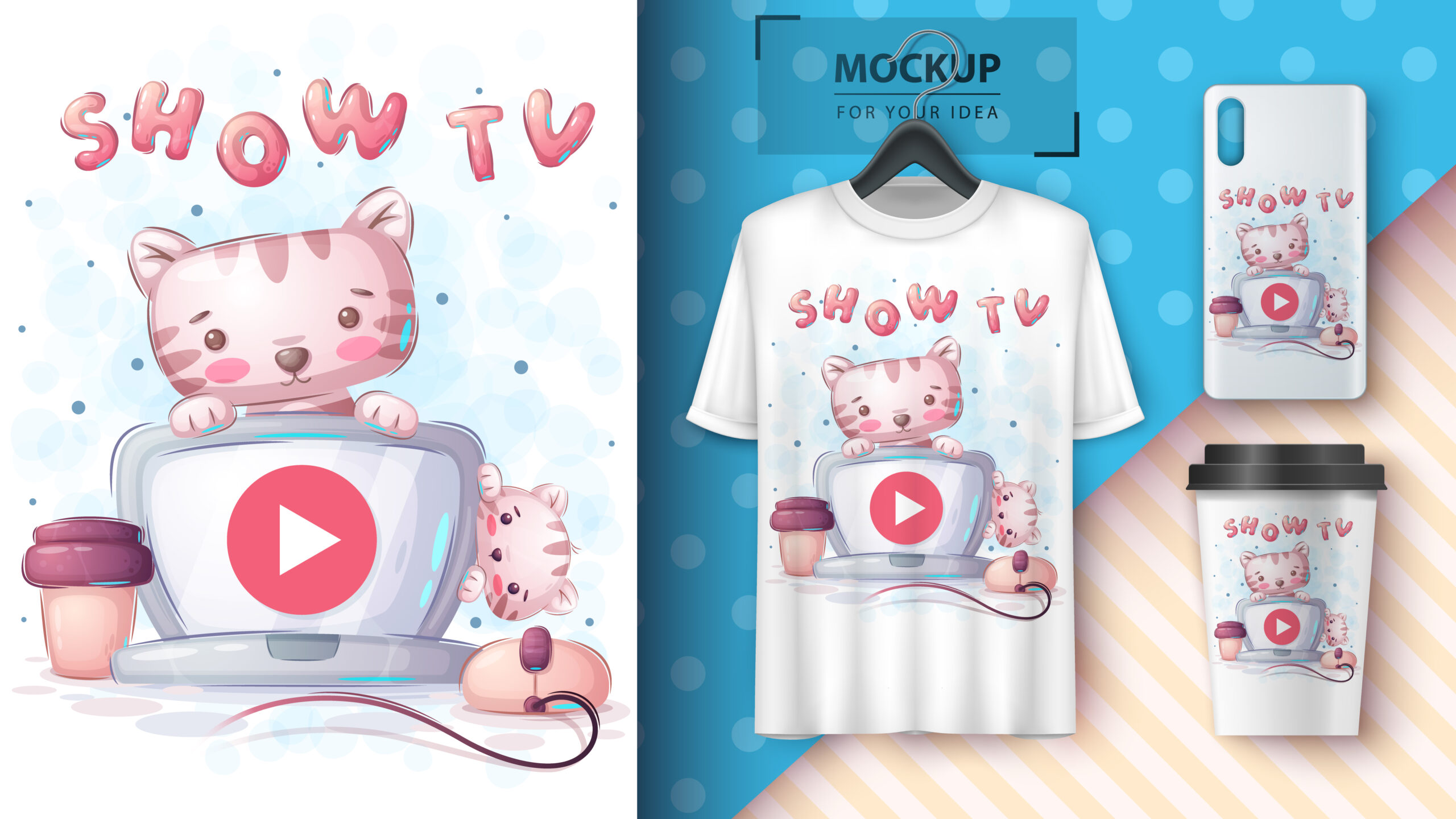 Cat is watching a movie on the computer poster and merchandising. Vector eps 10